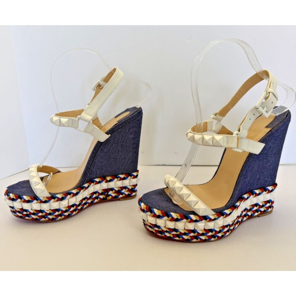 Christian Louboutin Cataclou Espadrille Sandals Red White Blue Denim Size 37 / 7 - Picture 2 of 15